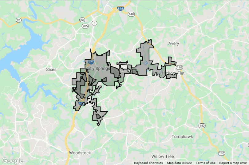 map of the city of Holly Springs, GA