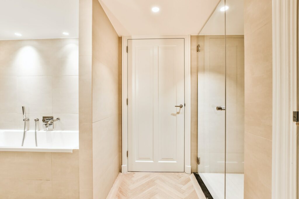 Doorway in modern master bathroom
